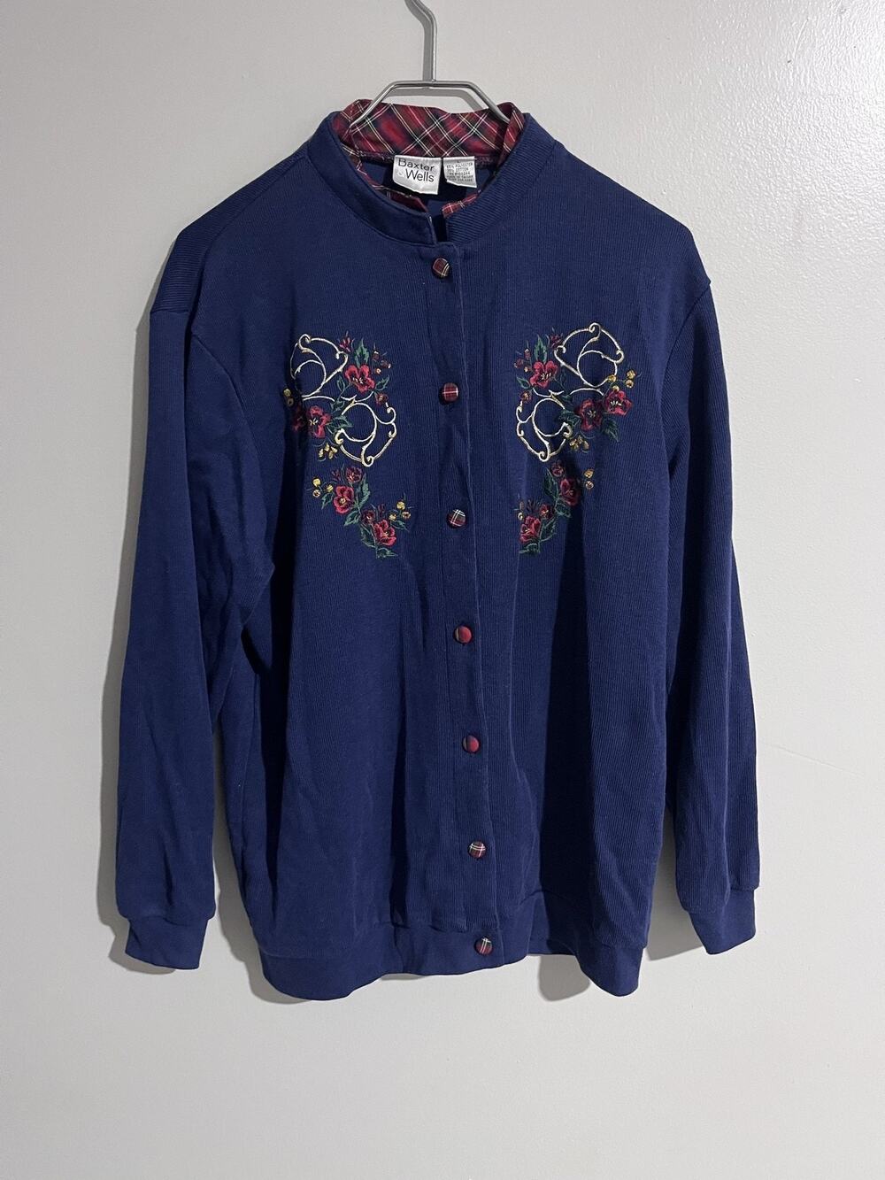 Baxter Wells Cardigan Womens L Blue Floral Collarless Button Embroidered Knit